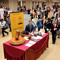 A vibrant law club booth at a college fair, showcasing a large, richly decorated table with a dignified judge's gavel prominently displayed