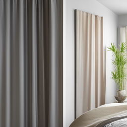 A well-lit room painted in soft gray, with nude color curtains adorning two sides of the room. On the left side of a cozy bed stands a lush green plant. A wall adorned with five sophisticated art frames, and a sleek mirror mounted on another wall.