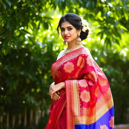 A graceful woman draped in an exquisite saree, standing elegantly against a lush garden backdrop