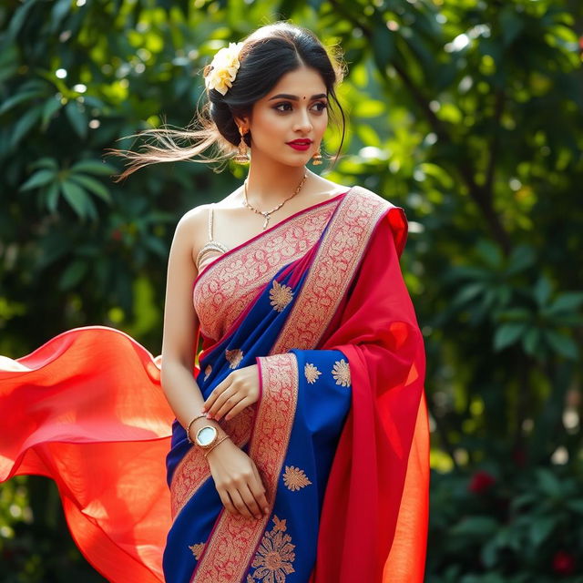 A graceful woman draped in an exquisite saree, standing elegantly against a lush garden backdrop