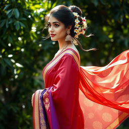 A graceful woman draped in an exquisite saree, standing elegantly against a lush garden backdrop