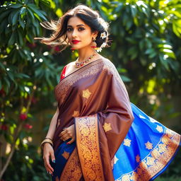 A graceful woman draped in an exquisite saree, standing elegantly against a lush garden backdrop