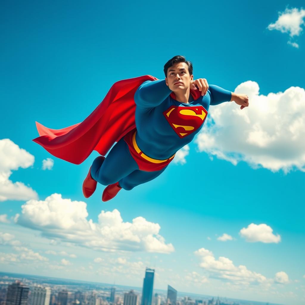 A heroic depiction of Superman soaring through a vibrant blue sky with fluffy white clouds