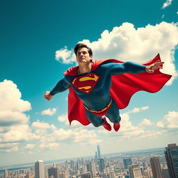 A heroic depiction of Superman soaring through a vibrant blue sky with fluffy white clouds