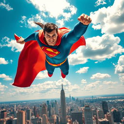 A heroic depiction of Superman soaring through a vibrant blue sky with fluffy white clouds