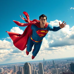 A heroic depiction of Superman soaring through a vibrant blue sky with fluffy white clouds
