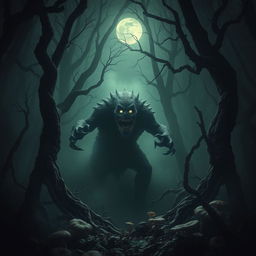 A terrifying creature lurking in the heart of a dark, dense forest, surrounded by twisted trees and thick fog