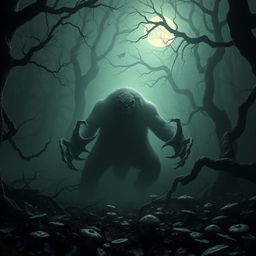 A terrifying creature lurking in the heart of a dark, dense forest, surrounded by twisted trees and thick fog