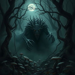 A terrifying creature lurking in the heart of a dark, dense forest, surrounded by twisted trees and thick fog