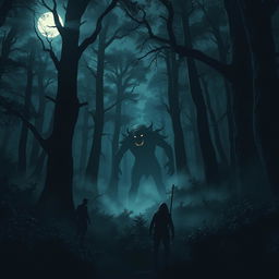 A creepy, supernatural creature lurking in the heart of a dense, dark forest, surrounded by tall, gnarled trees and thick underbrush