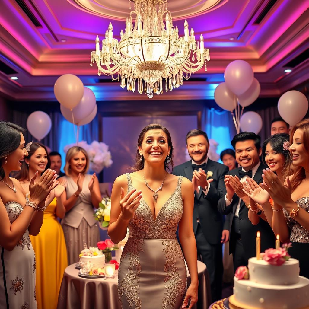 A luxurious birthday party scene featuring a beautifully decorated venue with elegant decor and ambient lighting