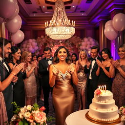 A luxurious birthday party scene featuring a beautifully decorated venue with elegant decor and ambient lighting