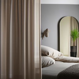 A well-lit room painted in soft gray, with nude color curtains adorning two sides of the room. On the left side of a cozy bed stands a lush green plant. A wall adorned with five sophisticated art frames, and a sleek mirror mounted on another wall.