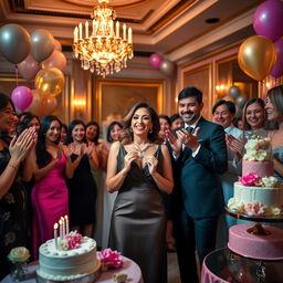 A luxurious birthday party scene featuring a beautifully decorated venue with elegant decor and ambient lighting