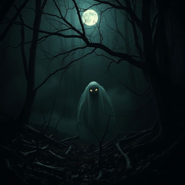 A spooky creature lurking in the depths of a dark, dense forest, surrounded by eerie shadows and faintly glowing eyes in the darkness