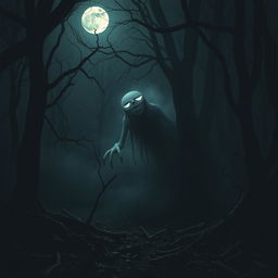 A spooky creature lurking in the depths of a dark, dense forest, surrounded by eerie shadows and faintly glowing eyes in the darkness