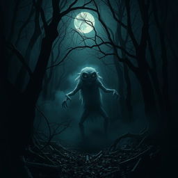 A spooky creature lurking in the depths of a dark, dense forest, surrounded by eerie shadows and faintly glowing eyes in the darkness