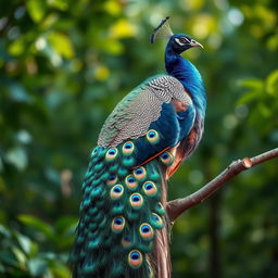 A stunningly realistic peafowl perched gracefully on a branch