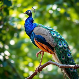 A stunningly realistic peafowl perched gracefully on a branch