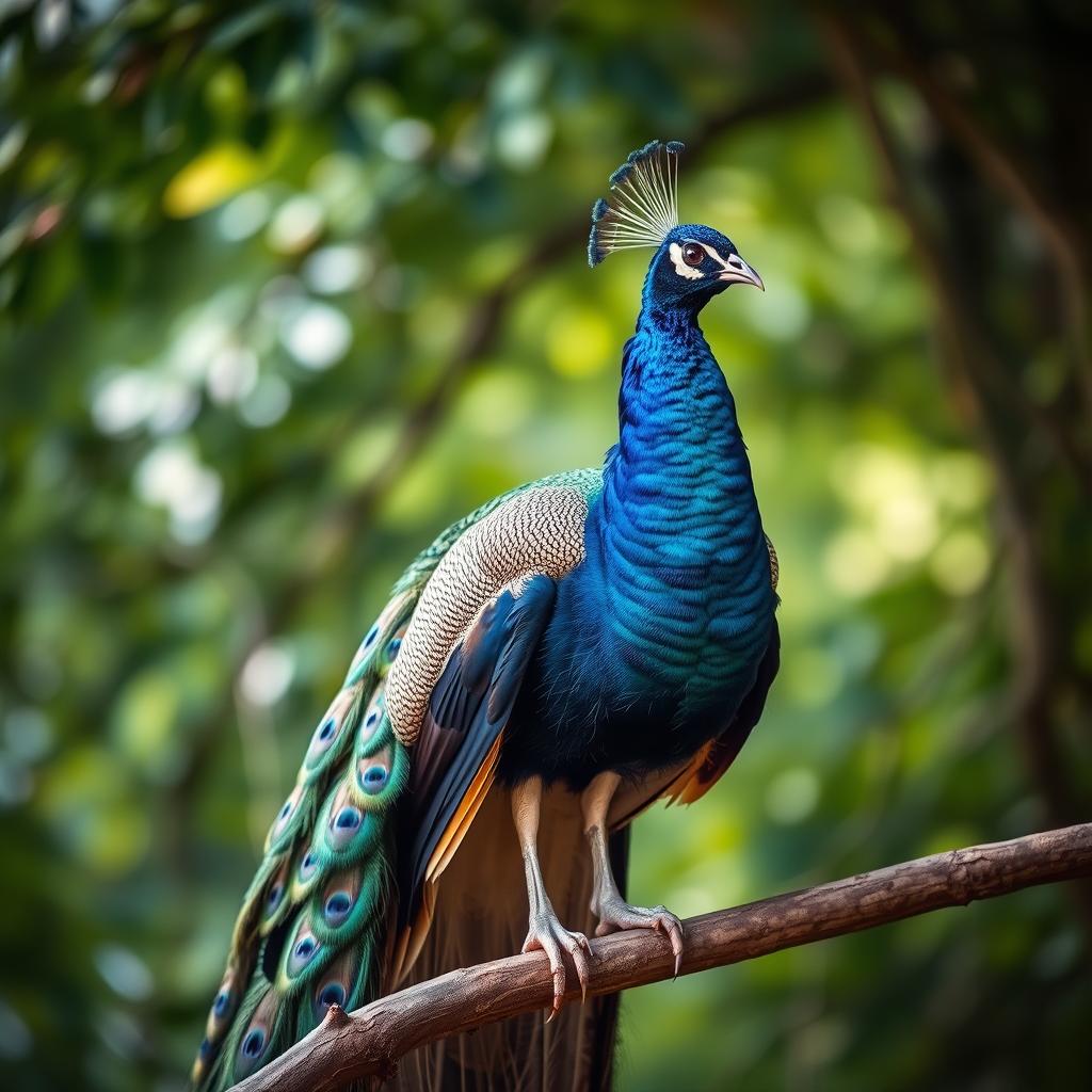 A stunningly realistic peafowl perched gracefully on a branch