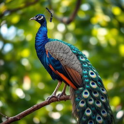 A stunningly realistic peafowl perched gracefully on a branch