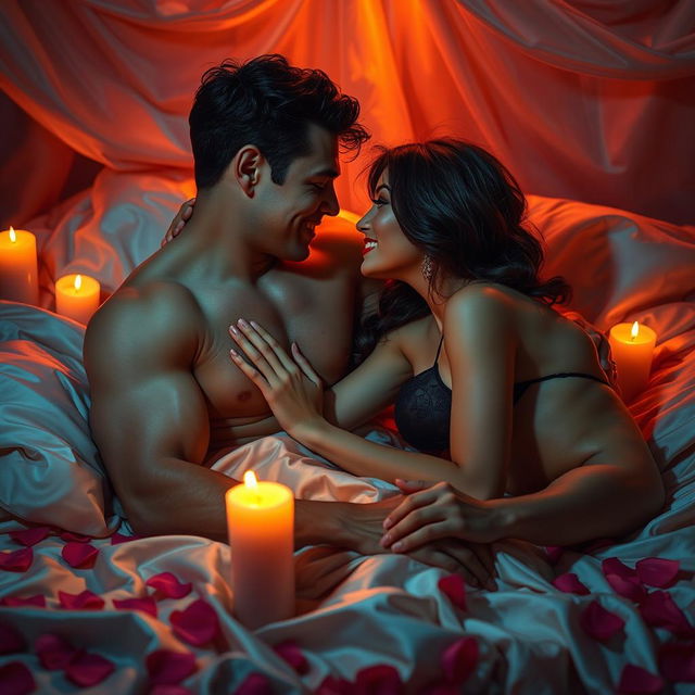 A vibrant and sensual depiction of a romantic scene, focusing on an intimate connection between two adults in a softly lit environment