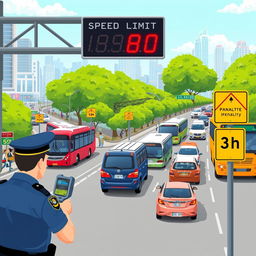 An illustration depicting various vehicles including cars, buses, and trucks traveling together on a busy urban road