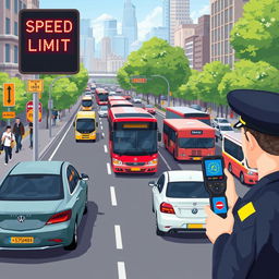 An illustration depicting various vehicles including cars, buses, and trucks traveling together on a busy urban road