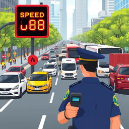 An illustration depicting various vehicles including cars, buses, and trucks traveling together on a busy urban road