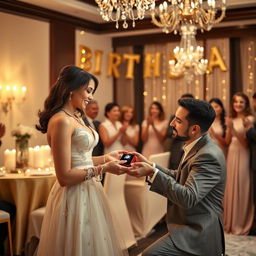 A romantic scene of a man presenting a stunning diamond necklace to his wife during her elegant birthday party