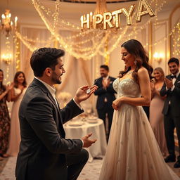 A romantic scene of a man presenting a stunning diamond necklace to his wife during her elegant birthday party