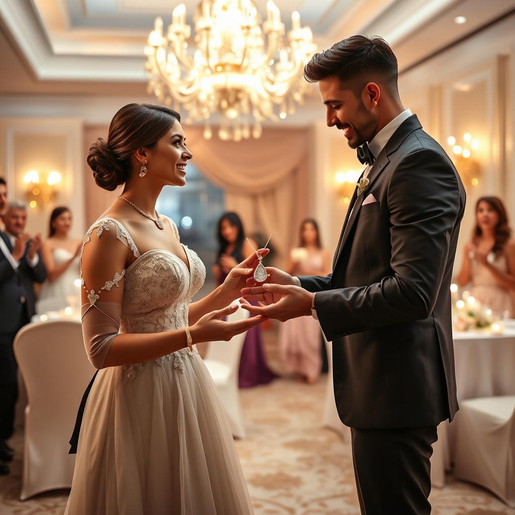 A romantic scene of a man presenting a stunning diamond necklace to his wife during her elegant birthday party