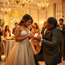 A romantic scene of a man presenting a stunning diamond necklace to his wife during her elegant birthday party