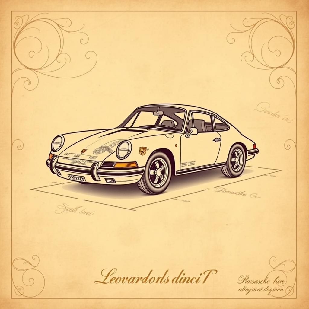 A stunning vintage poster showcasing a classic Porsche 911 designed in the style of Leonardo da Vinci