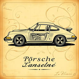 A stunning vintage poster showcasing a classic Porsche 911 designed in the style of Leonardo da Vinci
