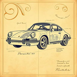 A stunning vintage poster showcasing a classic Porsche 911 designed in the style of Leonardo da Vinci