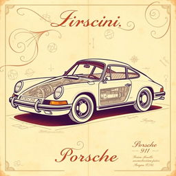 A stunning vintage poster showcasing a classic Porsche 911 designed in the style of Leonardo da Vinci