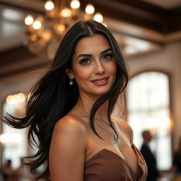 A stunningly beautiful Russian woman aged between 35 and 45, featuring long flowing dark hair and striking facial features
