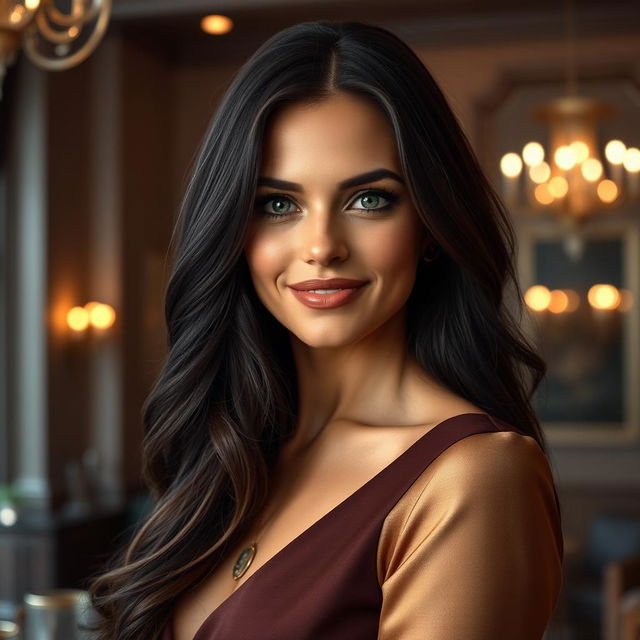 A stunningly beautiful Russian woman aged between 35 and 45, featuring long flowing dark hair and striking facial features