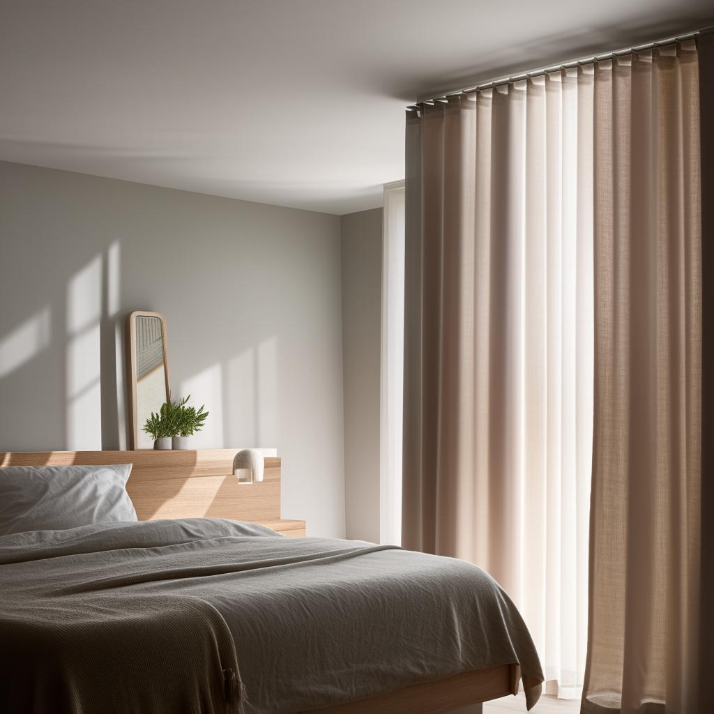 A well-lit room painted in soft gray, with nude color curtains adorning two sides of the room. On the left side of a cozy bed stands a lush green plant. A wall adorned with five sophisticated art frames, and a sleek mirror mounted on another wall.