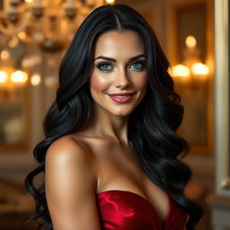 A stunningly beautiful Russian woman aged between 35 and 45, with long wavy dark hair and mesmerizing blue eyes