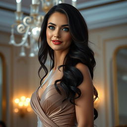 A stunningly beautiful Russian woman aged between 35 and 45, with long wavy dark hair and mesmerizing blue eyes