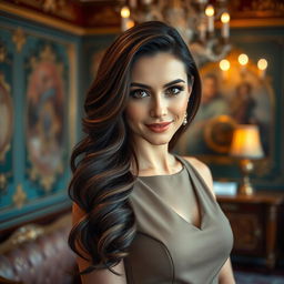 A breathtakingly beautiful Russian woman aged between 35 and 45, featuring luxurious long dark brown hair with soft waves and enchanting hazel eyes