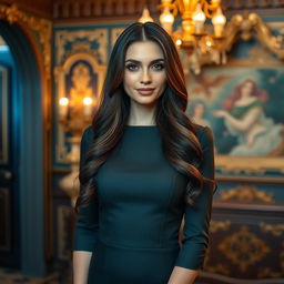 A breathtakingly beautiful Russian woman aged between 35 and 45, featuring luxurious long dark brown hair with soft waves and enchanting hazel eyes