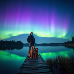 A serene night scene featuring a man and his dog standing on a wooden dock that extends over a small, tranquil lake