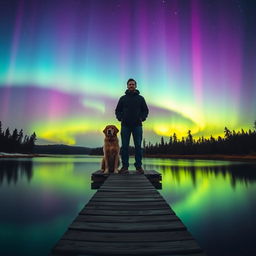 A serene night scene featuring a man and his dog standing on a wooden dock that extends over a small, tranquil lake
