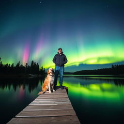 A serene night scene featuring a man and his dog standing on a wooden dock that extends over a small, tranquil lake