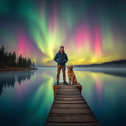 A serene night scene featuring a man and his dog standing on a wooden dock that extends over a small, tranquil lake