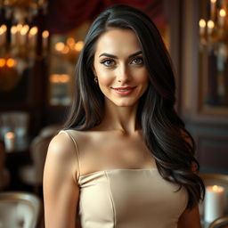 A strikingly beautiful Russian woman, aged between 35 and 45, showcasing her graceful presence