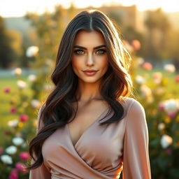 An exquisite Russian woman, aged 35 to 45, radiating beauty and elegance